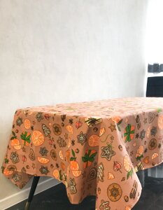 Новорічна скатертина лляна "Цитрус" 1.5м х 1.5м (квадратна на круглий стіл)