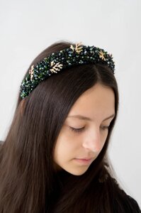 Обруч-ободок для волосся, розшитий кришталем і стразами чорно-зеленого кольору Ksenija Vitali