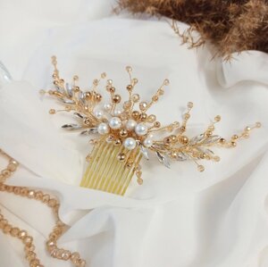 Весільна прикраса, гребінь в зачіску нареченої золотого кольору, натуральний перламутр
