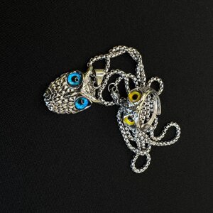 Унікальний набір кулон з синіми очима та кільце з жовтими очима в стилі сови (NR0073_6)