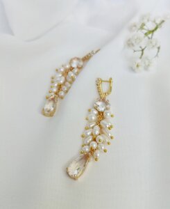 Сережки з кришталевими підвісками, весільні сережки з натуральними перлами, подарунок дівчині