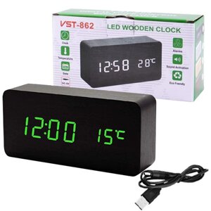 Годинник мережевий VST-862-4 зелений, корпус чорний) температура, USB + батарейка