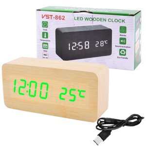 Годинник мережевий VST-862-4 зелений, корпус жовтий) температура, USB