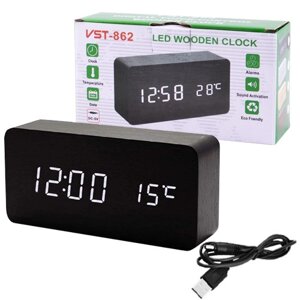 Годинник мережевий VST-862-6 білий, корпус чорний) температура, USB + батарейка