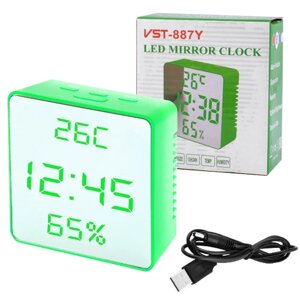 Годинник мережний VST-887Y-4, зелений, температура, вологість, USB