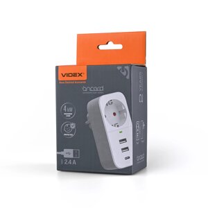 Мережевий адаптер VIDEX oncord з/з 1п 2.4A 2USB+USB-C white