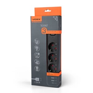 Мережевий подовжувач VIDEX ONCORD з/з 3п 3м (3x1.5мм) 2.4А 2USB+USB-C з кнопкою Black