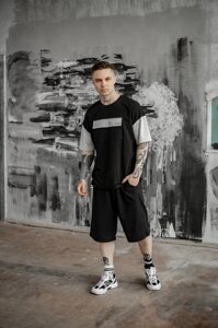 Футболка "Freedom" чорна сіра + Шорти трикотажні чорні. Костюм Oversize літній чоловічий спортивний