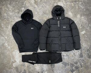 Комплект 3 в 1 Куртка зимова чорна + спортивний костюм Under Armour худі та штани чорного кольору Андер Армор