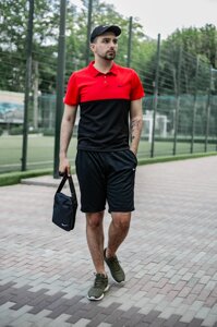 Костюм Футболка Поло чорна-червона + Шорти + Кепка Чорна. Барсетка в подарунок! Nike