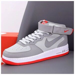 Чоловічі кросівки Nike Air Force 1 Mid '07 Platinum Wolf Grey-Bright Crimson Сірий шкіряний Nike Air Fores 1 Міністерство закордонних справ