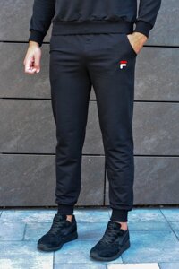 Мужские утепленные чёрные спортивные штаны с принтом "Fila"