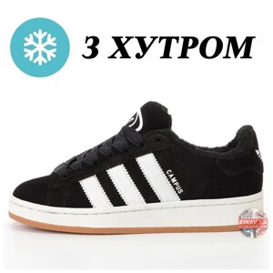 Чоловічі / жіночі зимові кросівки Adidas Campus Black White Winter Fur Хутро чорні замшеві Адідас кампус зима