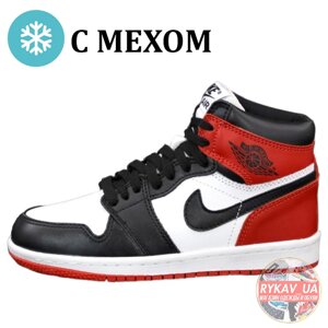 Чоловічі / жіночі зимові кросівки Nike Air Jordan 1 ретро зима високий чорний червоний (хутро), шкіряний Nike Jordan