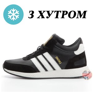 Чоловічі зимові кросівки Adidas INIKI Black White Winter Fur Mid, чорні шкіряні кросівки Адідас інікі зима