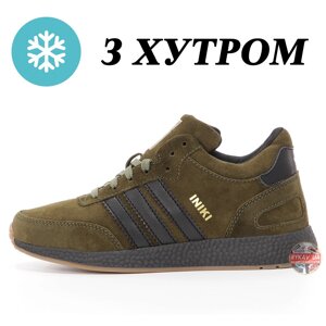 Чоловічі зимові кросівки Adidas INIKI Khaki Grey Winter Fur Mid Хутро, замшеві хакі кросівки Адідас інікі зима