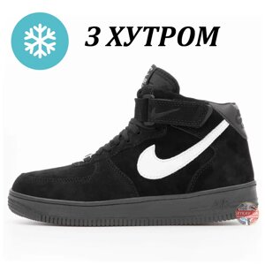 Чоловічі зимові кросівки Nike Air Force 1 High Black Fur Winter на хутрі чорні замшеві найк аїр форс високі