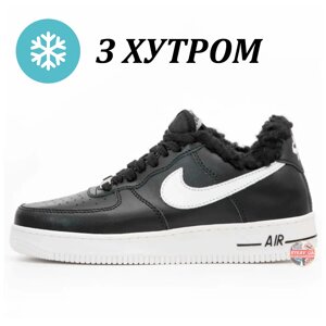 Чоловічі зимові кросівки Nike Air Force 1 Low Black White Winter Fur з хутром чорно-білі найк аїр форс 1 зима