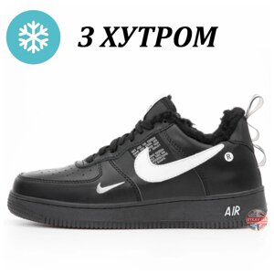 Чоловічі зимові кросівки Nike Air Force 1 Низький чорний білий зимовий хутро хутрі/ шкіряна чорна Nike Air Force Зима