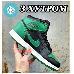 Чоловічі зимові кросівки Nike Air Jordan 1 Retro High Green Winter Fur на хутрі, зелені шкіряні найк Джордан