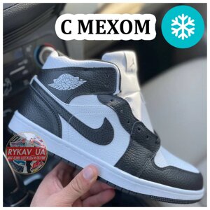 Чоловічі зимові кросівки Nike Air Jordan 1 ретро -високий (хутро), чорно -біла шкіряна Nike Air Jordan