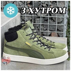 Чоловічі зимові кросівки Puma Corduroy Classic Mid Olive Winter Fur Хутро, зелені шкіряні кросівки пума