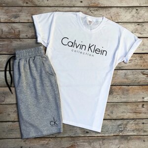 Чоловік річний комплект біла футболка з принтом "Calvin Klein" та меланжеві шорти з принтом "Calvin Klein"