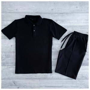 Чоловік річний комплект чорна футболка поло теніска + чорні шорти (багато квітів)