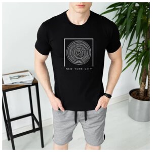 Чоловік річний комплект чорна футболка + сірі шорти з лампасами