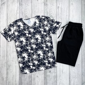 Чоловік річний комплект тропік футболка + чорні шорти (багато квітів)
