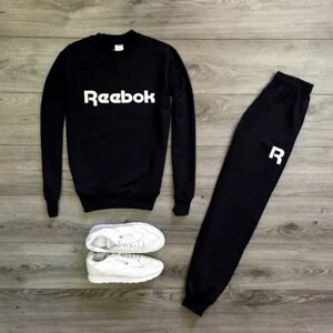 Мужской утепленный спортивный костюм чёрный свитшот с принтом "Reebok" и чёрные штани с принтом "Reebok"