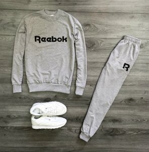 Мужской утепленный спортивный костюм меланжевый свитшот с принтом "Reebok" и меланжевые штаны с принтом