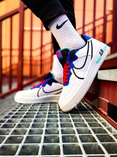 Nike Air Force 1 React White / Black-astronomy blue-laser crimson