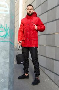 Парку Nike червона зимова + штани спортивні чорні Найк + Барсетка і рукавички в Подарунок. комплект чоловічої