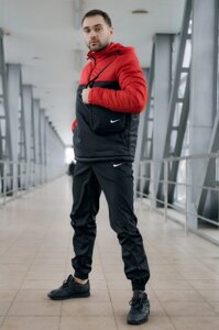 Вітрівка Анорак Найк, Nike червоно чорний + Штани President + подарунок Барсетка