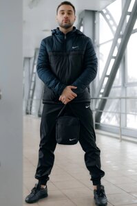 Вітрівка Анорак теплий Найк, Nike синьо чорний + Штани President + подарунок Барсетка