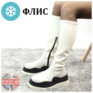 Жіночі євро зимові чоботи Bottega Veneta White High на руні, високі білі шкіряні чоботи Botten Venet
