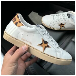 Жіночі кеди Golden Goose All White Leopard Star, білі шкіряні кросівки голден гус