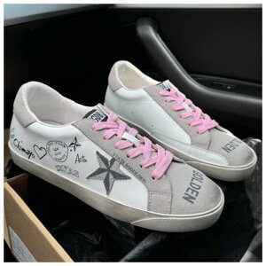 Жіночі кеди Golden Goose White Grey Pink, білі шкіряні кросівки голден гус