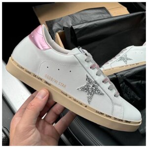 Жіночі кеди Golden Goose White Pink Silver, білі шкіряні кросівки голден гус