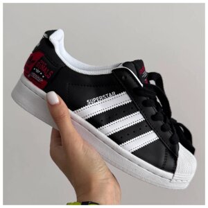 Жіночі кросівки Adidas Superstar Black White Red, чорно-білі шкіряні кросівки адідас суперстар