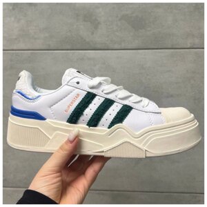 Жіночі кросівки Adidas Superstar Bonega 2B White Green Blue Platform, білі шкіряні адідас суперстар бонега