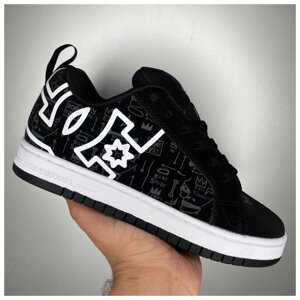 Жіночі кросівки DC Shoes Court Graffik Black White, чорно-білі шкіряні кросівки дс корт графік чорні