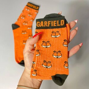 Жіночі шкарпетки якісні з мультяшним принтом "Garfield" помаранчеві 36-41 р Підліткові шкарпетки високі модні