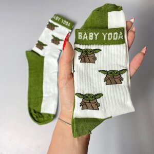 Жіночі шкарпетки якісні з супергероями "Baby Yoda" зелені 36-41 р Підліткові шкарпетки високі