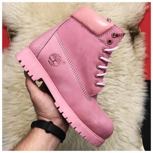 Жіночі зимові черевики Timberland Pink Fure Premium (хутро), рожеві нубукові черевики Тімберленд зимові жіночі