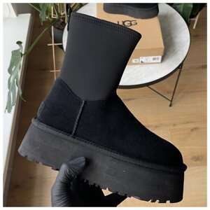 Жіночі зимові черевики UGG Classic Dipper Boots Black з хутром, чорні чоботи замшеві уггі діппер на платформі