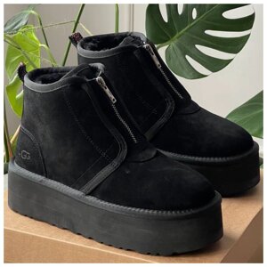 Жіночі зимові черевики UGG Neumel Platform Zip Slipper Black, чорні замшеві чоботи уггі ньюмел на платформі