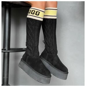 Жіночі зимові черевики UGG Sweater Letter Boots Women's Black з хутром чорні чоботи уггі на платформі