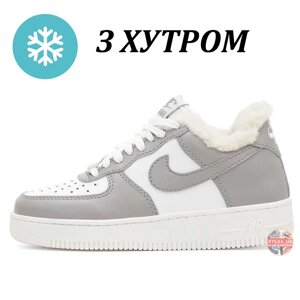 Жіночі зимові кросівки Nike Air Force 1 Low White Grey Winter Fur з хутром сірі з білим найк аїр форс 1 зима